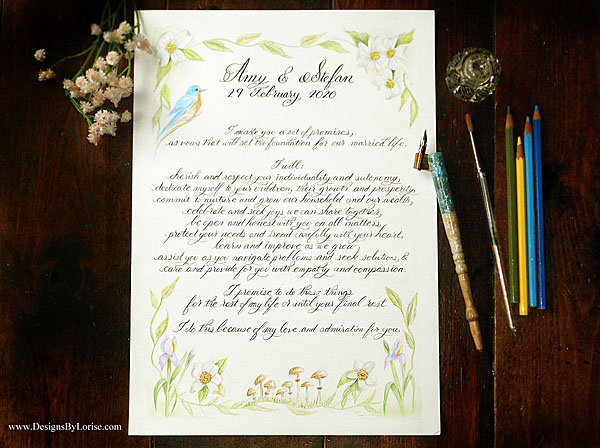 Calligraphy and Watercolor Custom Marriage Wedding Vows by calligrapher Designs By Lorise