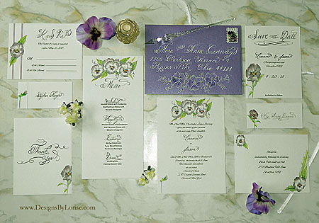 Watercolor Pansies and Calligraphy Wedding Invitation Suite from Designs By Lorise
