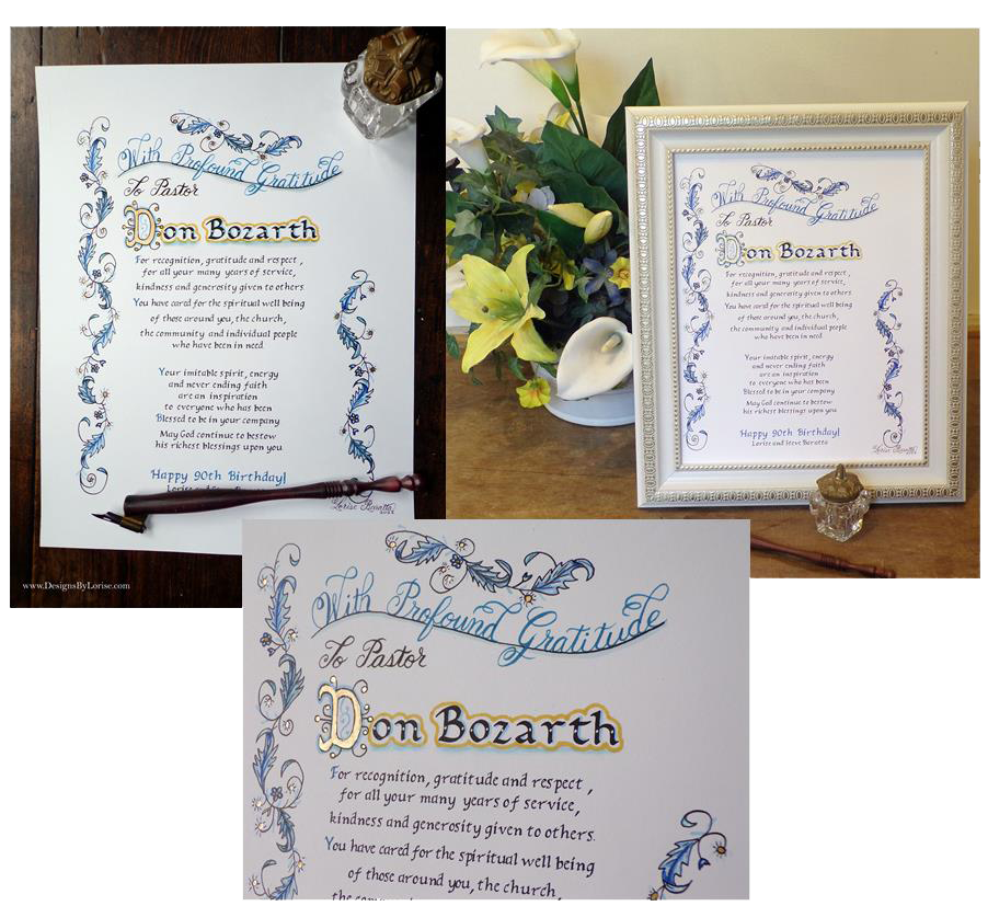 Certificate of Appreciation in Calligraphy, Watercolor and Ink