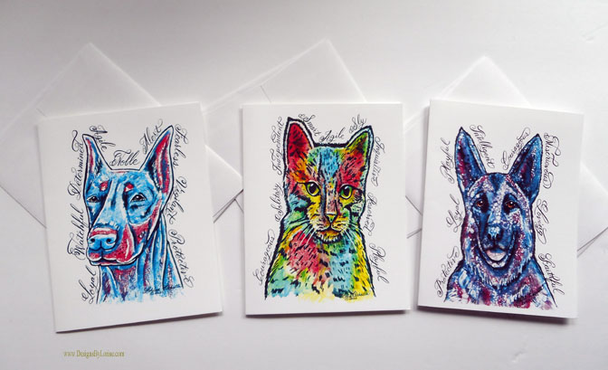 Note Cards of Dogs, Cats and Horses with Calligraphy and Art