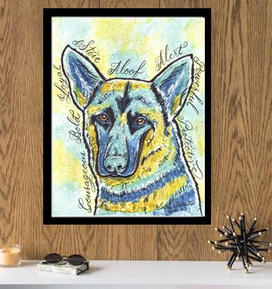 German Shepherd Blue & Gold Dog  Calligraphy Animal Art Print
