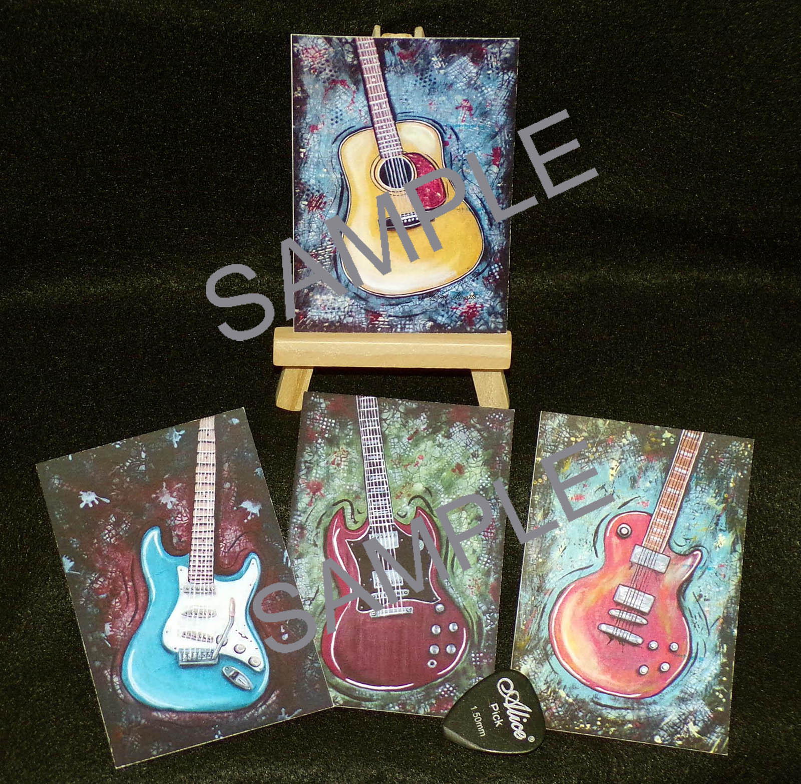 Guitar Pop Art Print Set of 4, w/ Easel. Gibson, Fender Strat, Acoustic Gift