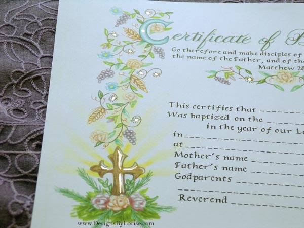 Baptism Christening Certificate with Illuminated Hand Painted Gold Highlights