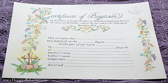 Baptism Christening Certificate with Illuminated Hand Painted Gold Highlights