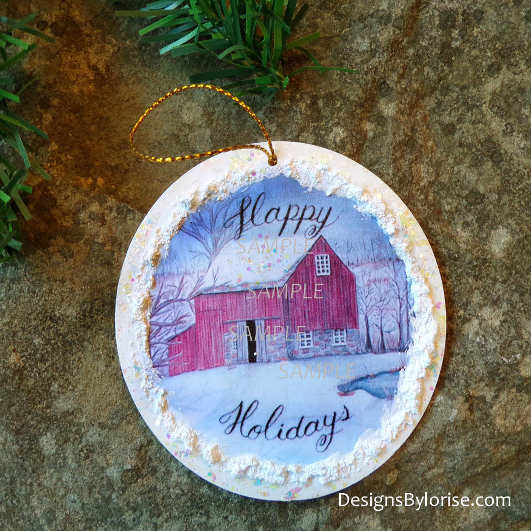 Happy Holidays Red Barn Christmas Ornament