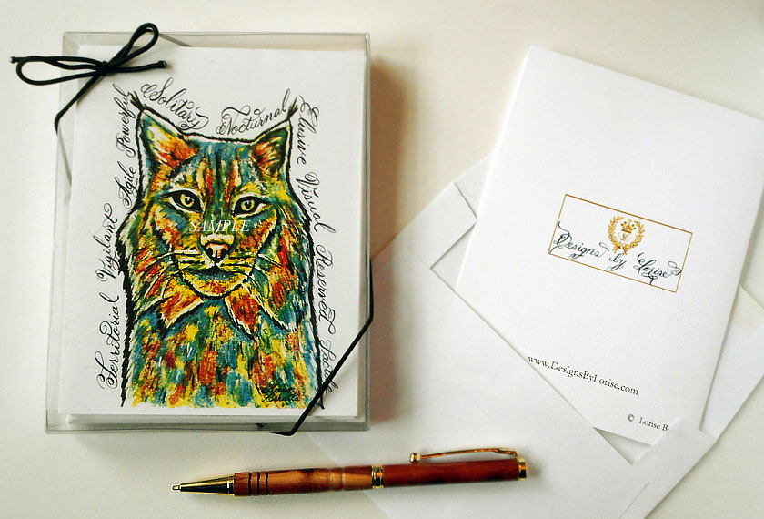 Canada Lynx Funky Greeting Note Cards with Envelopes of Art and Calligraphy