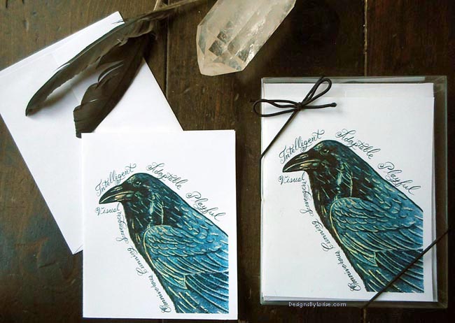 Raven Greeting Funky Note Cards with Envelopes of Art and Calligraphy