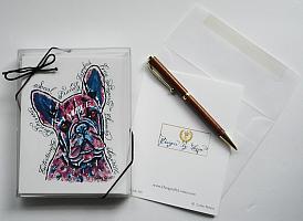 French Bulldog Funky Greeting Note Cards with Envelopes of Art and Calligraphy