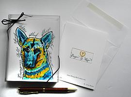 German Shepherd Funky Blue Gold Dog Greeting Note Cards with Envelopes of Art and Calligraphy