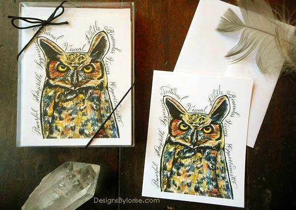 Great Horned Owl Greeting Note Cards with Envelopes of Art and Calligraphy