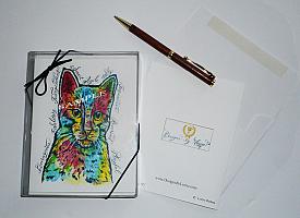 Tabby Cat Funky Greeting Note Cards with Envelopes of Art and Calligraphy
